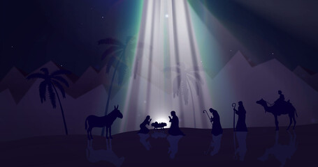 Naklejka premium Image of nativity with glowing lights and floating spots