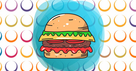 Image of cheeseburger on blue shape over colourful rings on white background