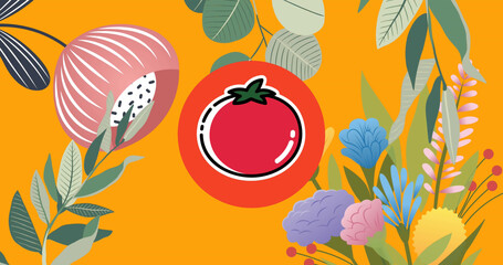 Image of red tomato in orange circle plants and flowers on yellow background