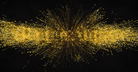 Image of new year's eve greetings and yellow fireworks exploding on black background