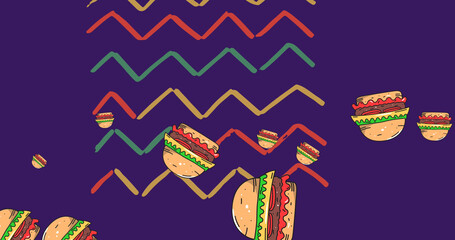 Image of hamburgers falling with zigzag green, yellow and red lines on dark purple background