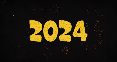Image of 2024 and yellow fireworks exploding on black background