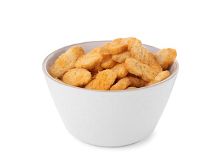 Delicious crispy rusks in bowl on white background
