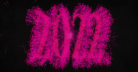 Image of 2022 and pink fireworks exploding on black background