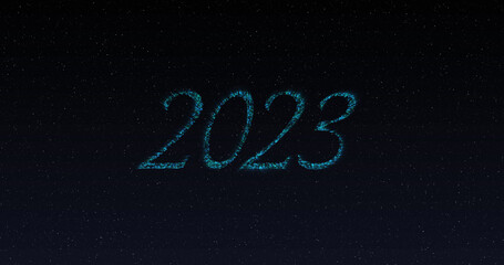 Image of 2023 in shimmering blue letters and fireworks