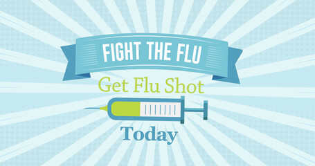 Get flu vaccine shot text banner with syringe icon on blue radial background © vectorfusionart