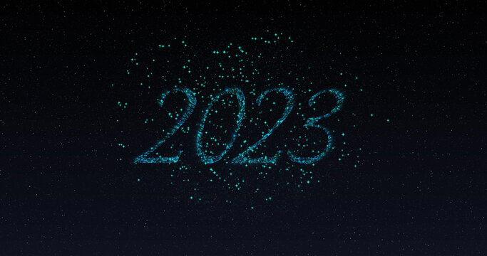 Image of 2023 in shimmering blue letters and fireworks