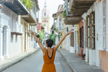 Back view of unrecognizable woman isolated on Cartagena de Indias street. Horizontal view of...