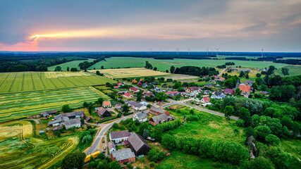 Landscape of polish village from above drone footage Kozielice gm Golczewo Poland Church