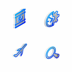 Set Isometric line Clock and gear, Barrel oil, Plane and Magnifying glass icon. Vector