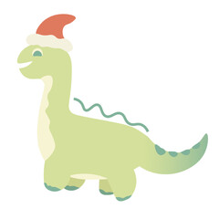 Children's flat illustration of a dinosaur in a Christmas hat