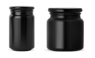 Black jar. Black glass scented candle jar mockup. Glossy cosmetic cream container with cap. Mens cosmetic cylinder package, beauty wax. Elegant cylinder can for salt, supplement or protein powder