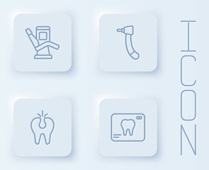 Set line Medical dental chair, Tooth drill, Broken tooth and X-ray of. White square button. Vector