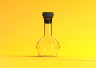 Empty flask on yellow background. Chemistry flask, Laboratory glassware, equipment. Minimal concept. 3d rendering illustration