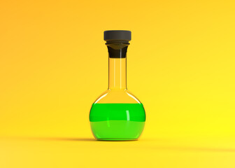 Flask with green liquid on yellow background. Chemistry flask, Laboratory glassware, equipment. Minimal concept. 3d rendering illustration