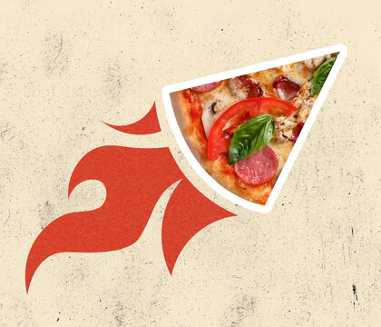 Contemporary art collage of pizza in shape of rocket isolated over beige background. Fast deliery service