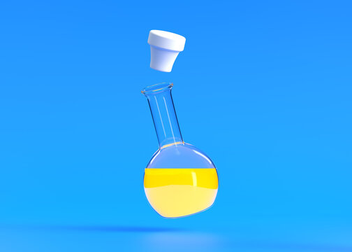 Flask with yellow liquid flies on blue background. Chemistry flask, Laboratory glassware, equipment. Minimal concept. 3d rendering illustration