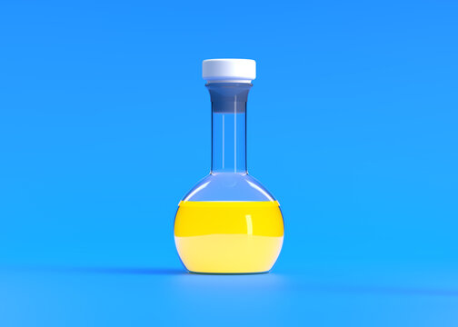 Flask with yellow liquid on blue background. Chemistry flask, Laboratory glassware, equipment. Minimal concept. 3d rendering illustration