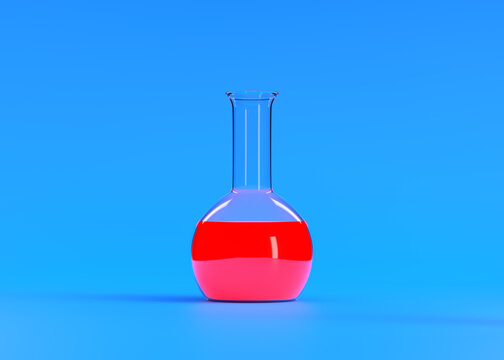 Flask with red liquid flies on blue background. Chemistry flask, Laboratory glassware, equipment. Minimal concept. 3d rendering illustration