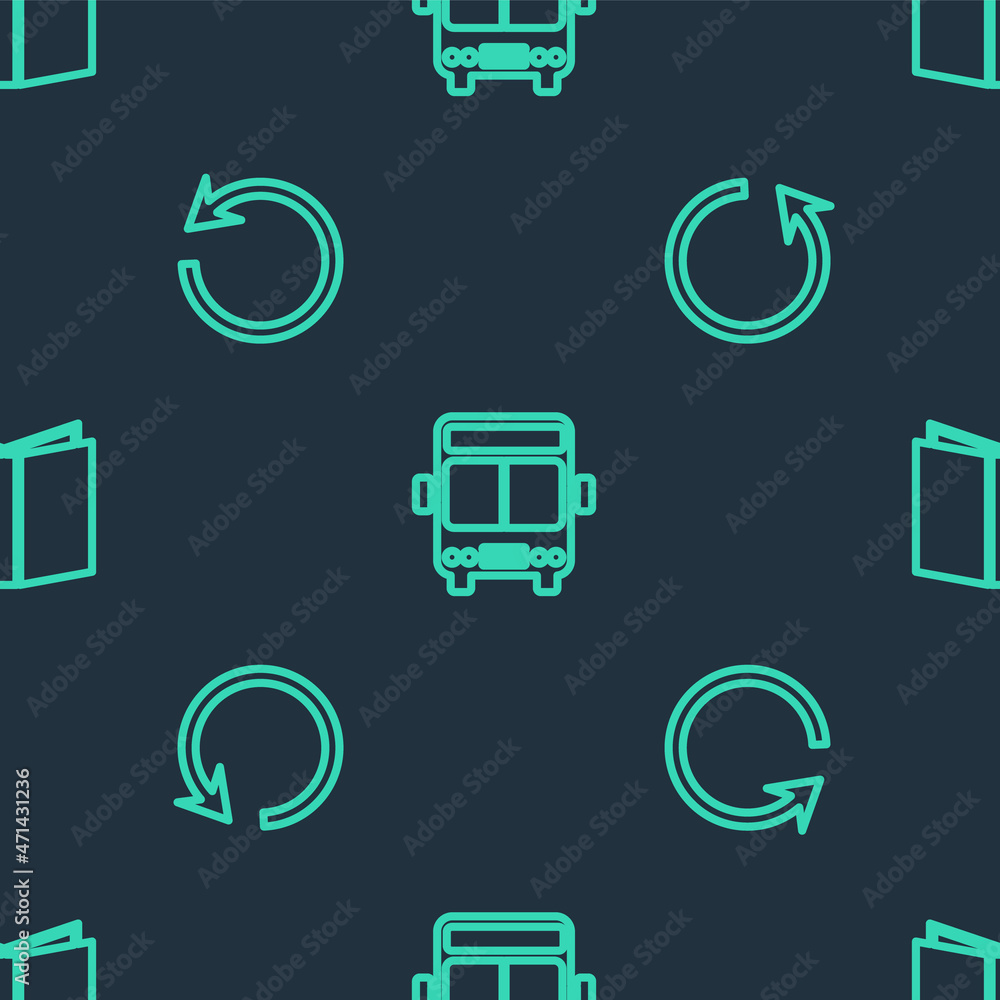 Poster set line bus, refresh and open book on seamless pattern. vector