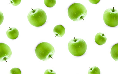 Seamless pattern of juicy green apples with water drops on a white background.