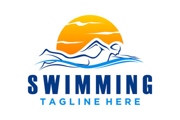 Fototapeta premium Simple Swimming Pool Silhouette Sea Ocean Water Wave Logo design inspiration