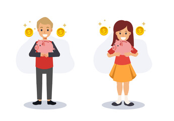 Savings money concept finance, Kid collected money in piggy bank.kid holding piggy bank.Flat vector 2D cartoon character illustration.