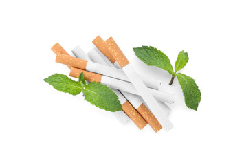 Menthol cigarettes and fresh mint leaves on white background, flat lay