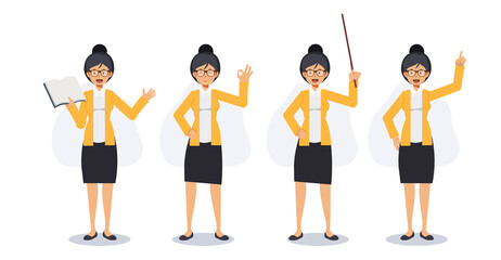 Set of female teacher, smile happy teacher in various gesture, teaching , ok hand.Flat vector 2d cartoon character illustration.