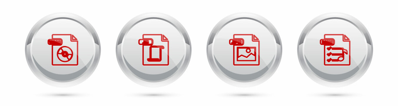 Set line WMA file document, JS, JPG and M3U. Silver circle button. Vector