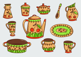 Ceramic kitchenware hand drawn doodle set. Collection of cups, plates, teapot, sugar bowl, vase. Perfect for menu, stickers and scrapbooking.