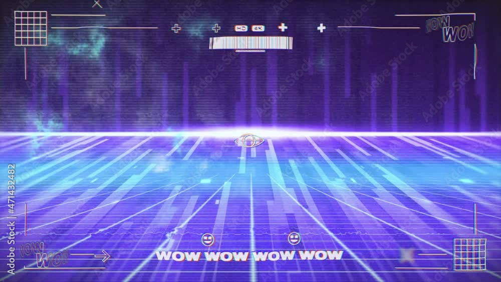 Poster animation of wow text in white and interface processing data, over moving blue and purple lights