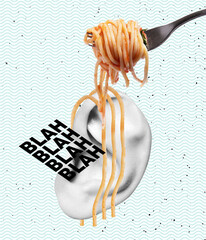 Contemporary art colage of pasta, spaghetti into a fork isolated over ear and white background
