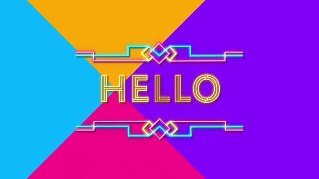 Animation of hello text in yellow neon sign over four colours, on white