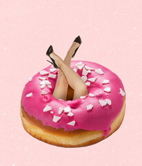 Contemporary collage, creative artwork of female hands sticking out pink donut isolated over pink...