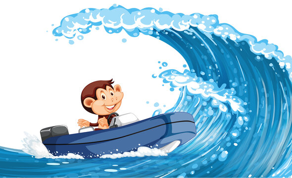 Happy Monkey Driving Boat On Ocean Wave