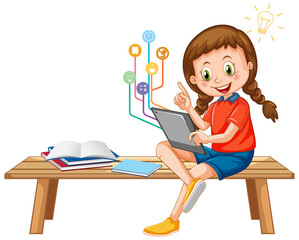 Young girl using tablet with education icons