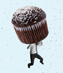 Contemporary art collage of man holding big heavy chocolate muffin isolated over white background