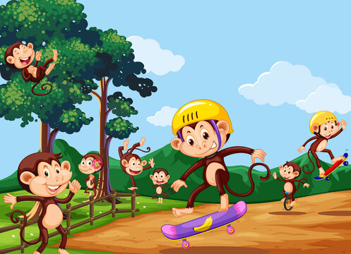 Park scene with monkeys playing skateboard