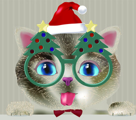 Cute kitten in Christmas glasses with Christmas trees and a Santa hat. - 471433249