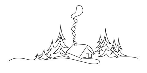 Winter country landscape in continuous line art drawing style. Village house in spruce forest black linear sketch isolated on white background. Vector illustration