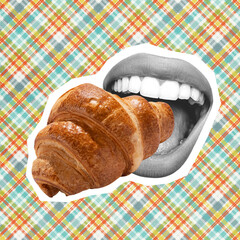 Contemporary art collage of female mouth biting fresh baked croissant isolated over checkered...