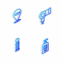 Set Isometric line Hair dryer, Barbershop, Classic pole and Bottle of shampoo icon. Vector
