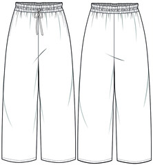 Women Elasticated Waist String Bow Wide Leg Pant, Pajama Pants with String Bow,  Men's, women, Unisex Fashion Illustration, Vector, CAD, Technical Drawing, Flat drawing.