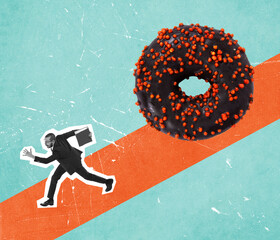 Contemporary art collage of businessman running from big chocolate donut rolling down orange line isolated over blue background