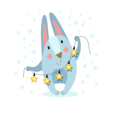 cute blue hare holding a garland of stars