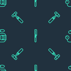 Set line Medical saw, Neurology reflex hammer and Blood pressure on seamless pattern. Vector