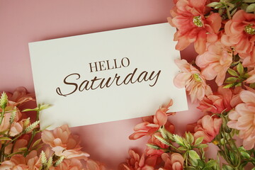 Hello Saturday typography text with flowers on pink background