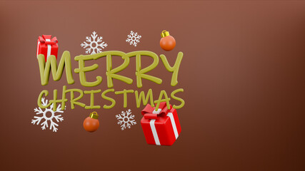 Fototapeta na wymiar Concept Merry Christmas and Happy New Year with gift box and snowflake on brown background. 3d rendering