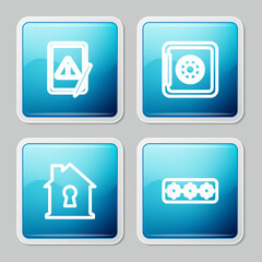 Fototapeta premium Set line Tablet with exclamation mark, Safe, House under protection and Password icon. Vector